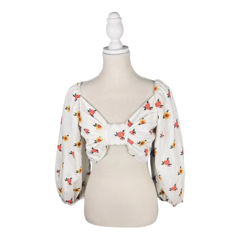 Farm Rio Mixed Cross Stitch Flowers Embroidered Crop Top Puff Sleeve Bow M NWT